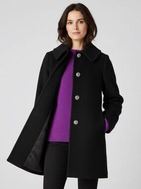Vintage 60s Style Black Wool Cocoon Midi Big Collar Mid Length Car Coat - XS/S
